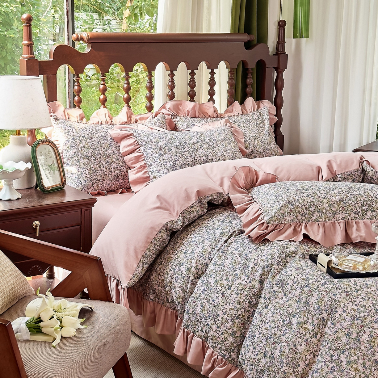 91家纺网 家纺一手货源 找家纺 未来家居 2025秋冬新款全棉法式花边款磨毛四件套 珍妮-绿