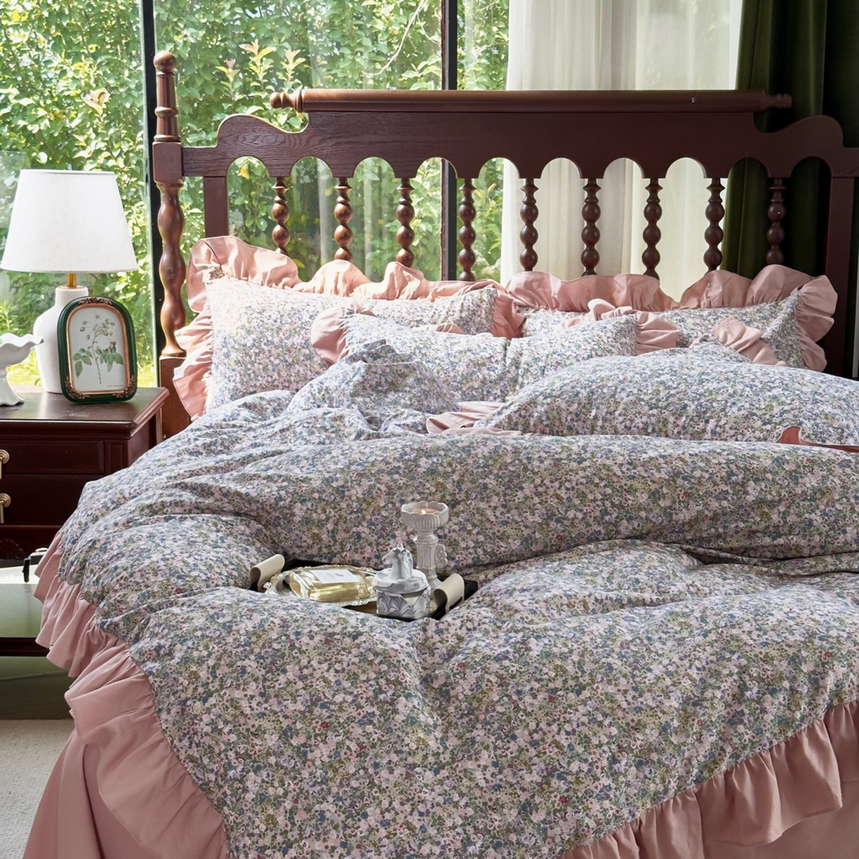 91家纺网 家纺一手货源 找家纺 未来家居 2025秋冬新款全棉法式花边款磨毛四件套 珍妮-绿