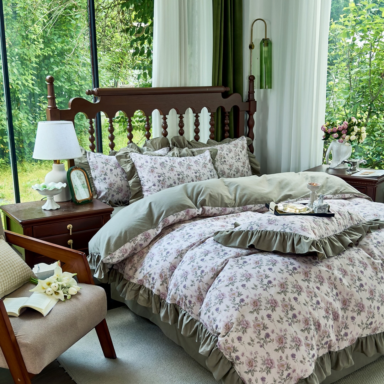 91家纺网 家纺一手货源 找家纺 未来家居 2025秋冬新款全棉法式花边款磨毛四件套 紫缦