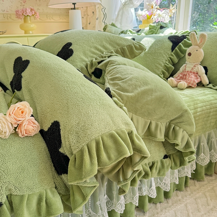 唐人居 2025新款高克重阳离子牛奶绒花边夹棉床盖四件套 蝶恋花-草绿