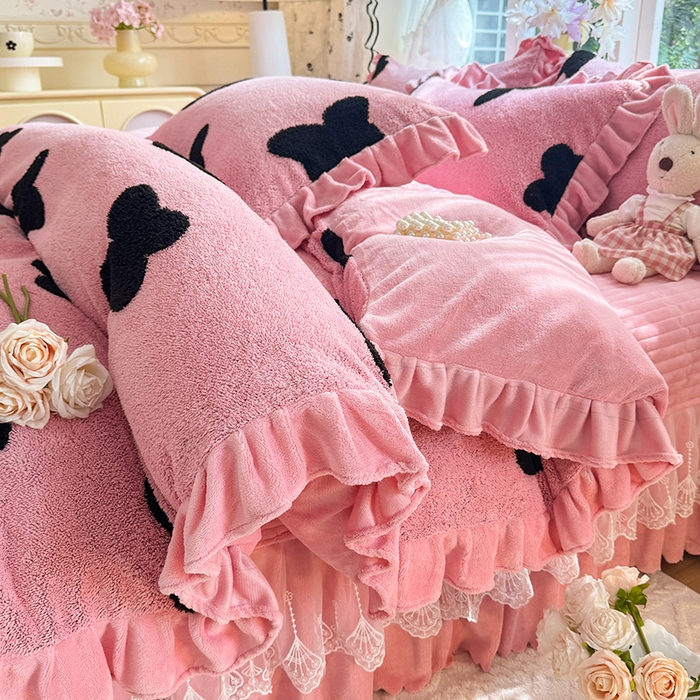 唐人居 2025新款高克重阳离子牛奶绒花边夹棉床盖四件套 蝶恋花-豆沙