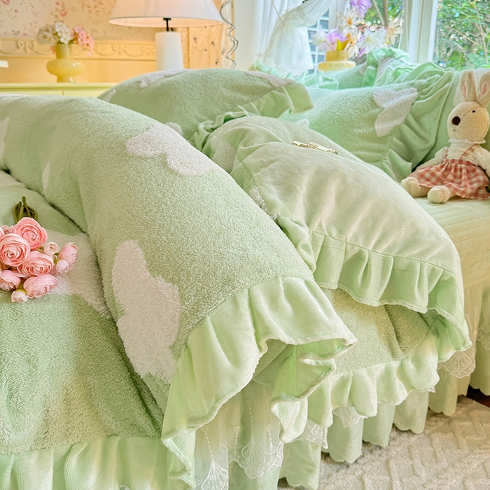 唐人居 2025新款高克重阳离子牛奶绒花边夹棉床盖四件套 蝶恋花-果绿