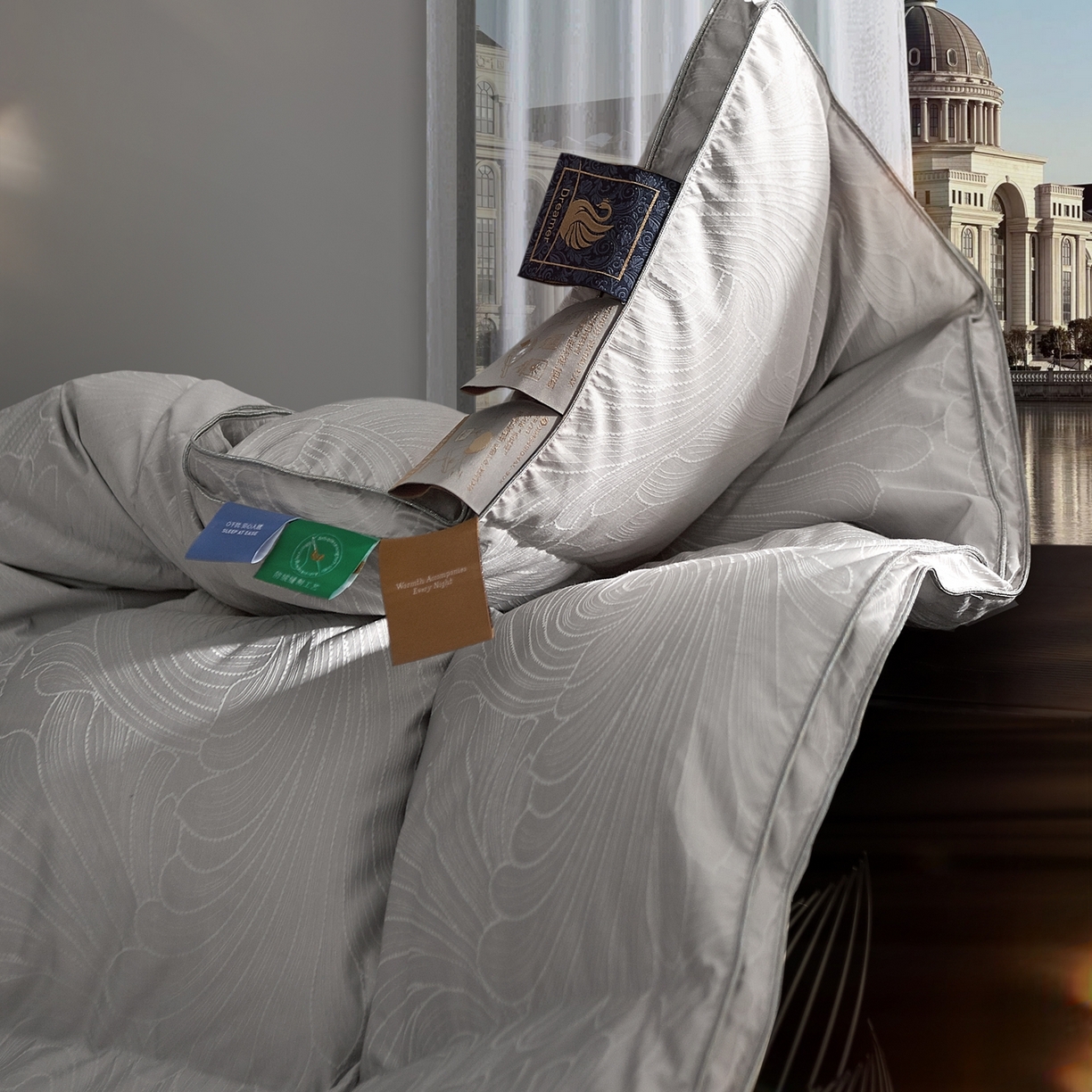 91家纺网 家纺一手货源 找家纺 织梦人羽绒工厂店 2025新款高蓬松羽绒被95鹅绒大牌同款花型-高精密提花系列 高精密提花-蒙娜丽莎舒雅灰