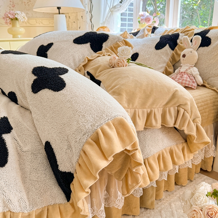 唐人居 2025新款高克重阳离子牛奶绒花边夹棉床盖四件套 蝶恋花-卡其