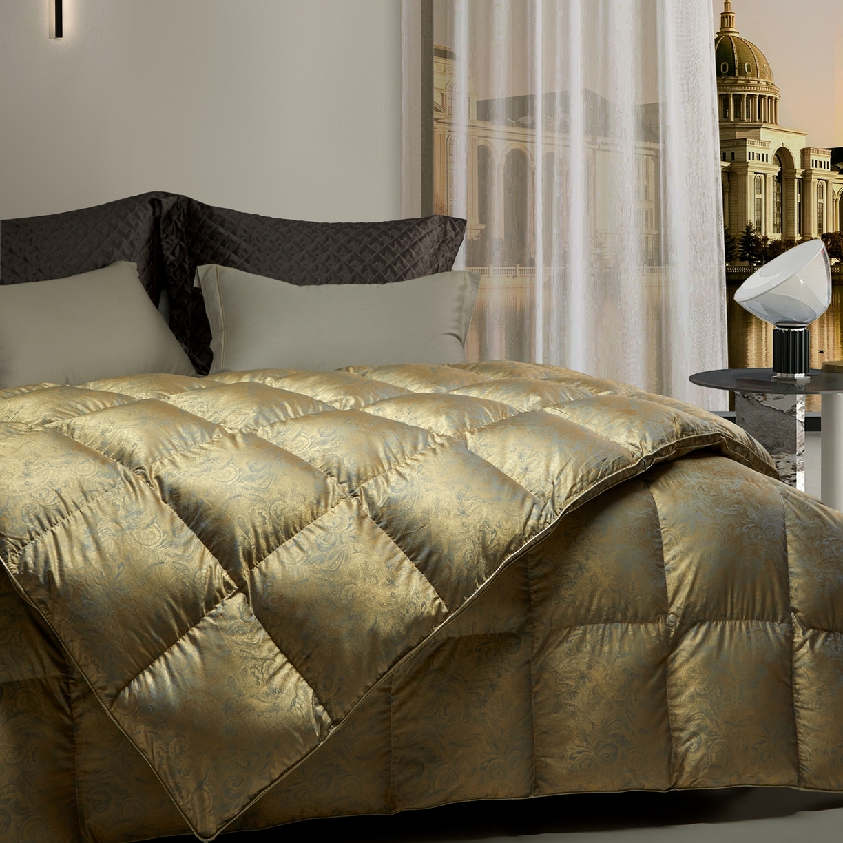 91家纺网 家纺一手货源 找家纺 织梦人羽绒工厂店 2025新款高蓬松羽绒被95鹅绒大牌同款花型-高精密提花系列 高精密提花-水云古铜