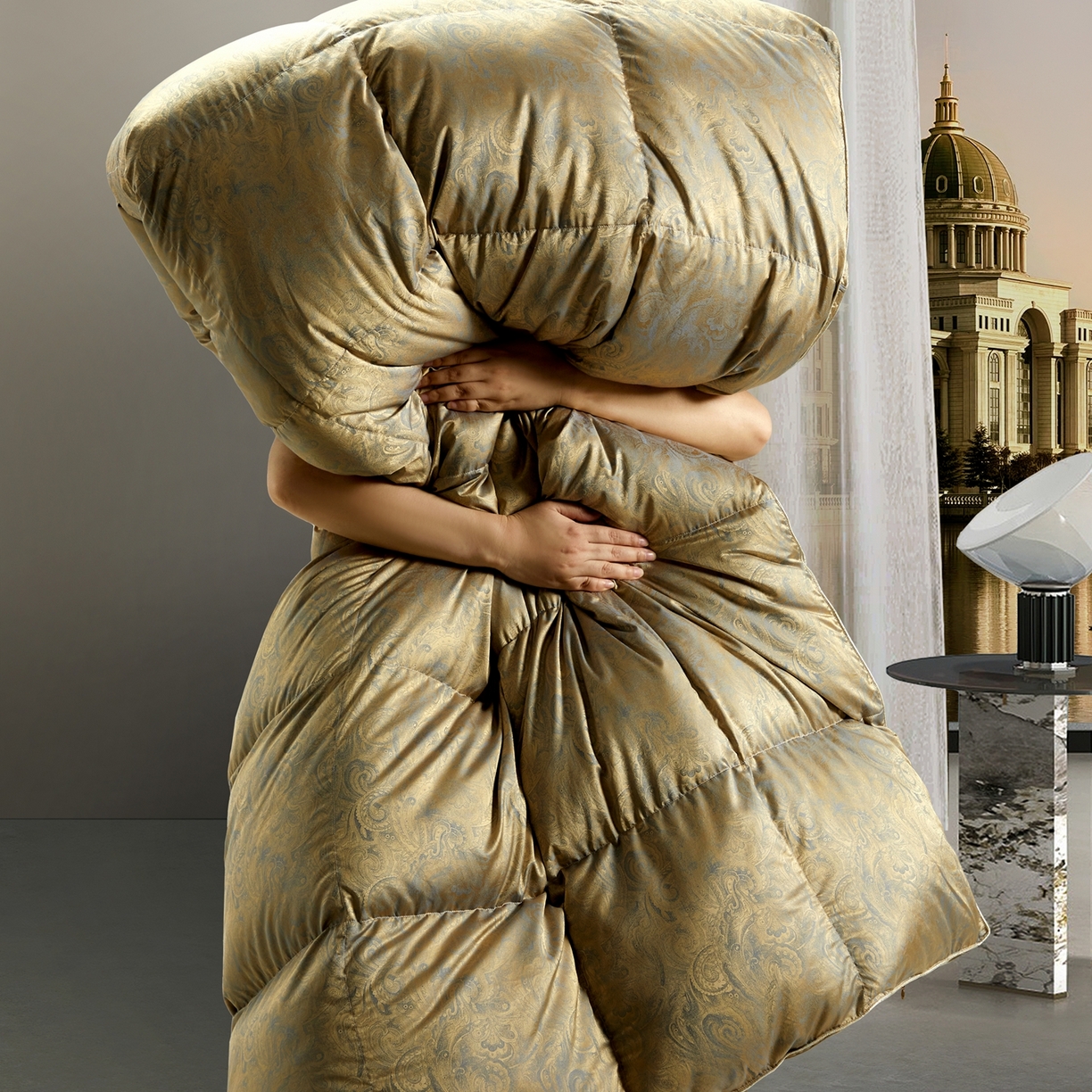 91家纺网 家纺一手货源 找家纺 织梦人羽绒工厂店 2025新款高蓬松羽绒被95鹅绒大牌同款花型-高精密提花系列 高精密提花-水云古铜