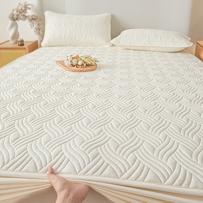 91家纺网 家纺一手货源 找家纺 九亭家纺 2025新款A类防水夹棉床笠 防水款-水波纹-云朵白