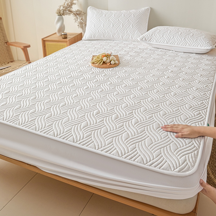 九亭家纺 2025新款A类防水夹棉床笠 防水款-水波纹-白色