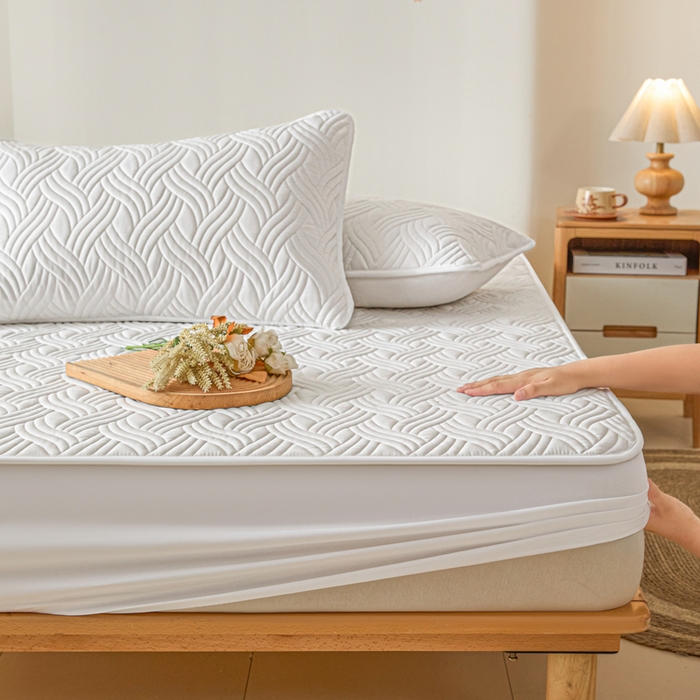 91家纺网 家纺一手货源 找家纺 九亭家纺 2025新款A类防水夹棉床笠 防水款-水波纹-白色