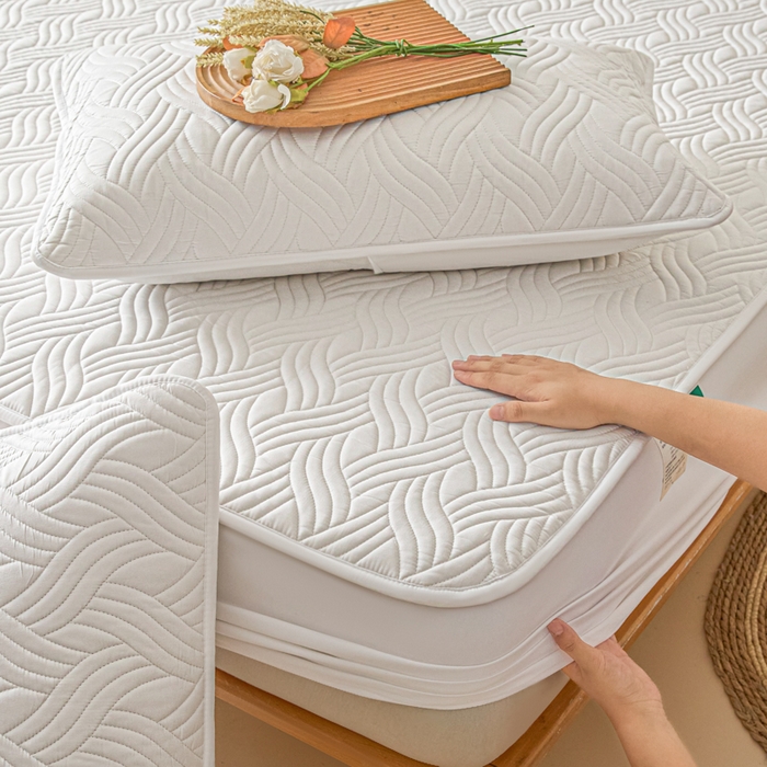 91家纺网 家纺一手货源 找家纺 九亭家纺 2025新款A类防水夹棉床笠 防水款-水波纹-白色