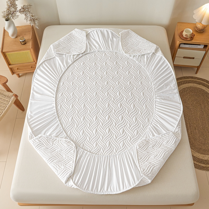 91家纺网 家纺一手货源 找家纺 九亭家纺 2025新款A类防水夹棉床笠 防水款-水波纹-白色