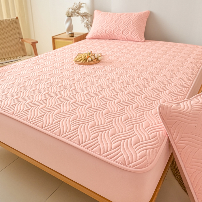 91家纺网 家纺一手货源 找家纺 九亭家纺 2025新款A类防水夹棉床笠 防水款-水波纹-豆沙