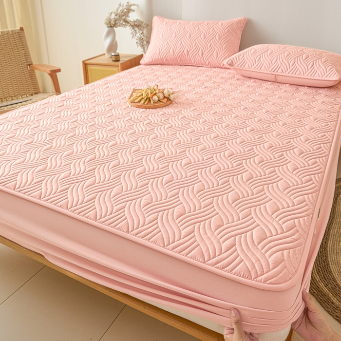 91家纺网 家纺一手货源 找家纺 九亭家纺 2025新款A类防水夹棉床笠 防水款-水波纹-豆沙