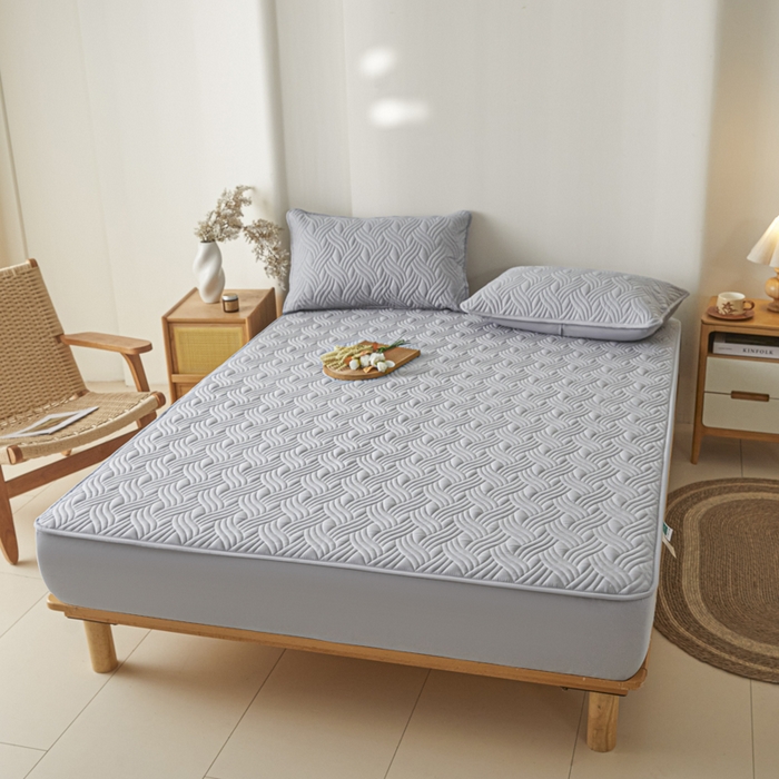 91家纺网 家纺一手货源 找家纺 九亭家纺 2025新款A类防水夹棉床笠 防水款-水波纹-灰色