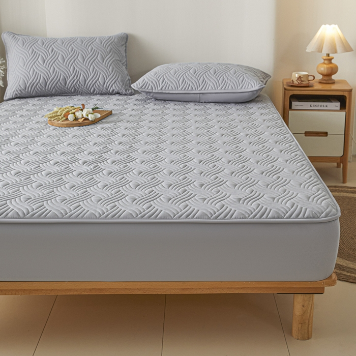 91家纺网 家纺一手货源 找家纺 九亭家纺 2025新款A类防水夹棉床笠 防水款-水波纹-灰色