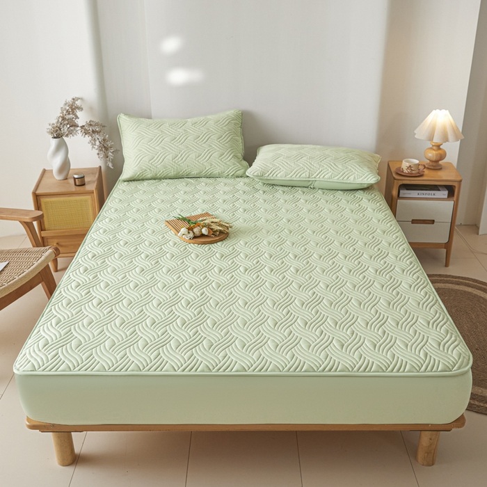 91家纺网 家纺一手货源 找家纺 九亭家纺 2025新款A类防水夹棉床笠 防水款-水波纹-芥末绿