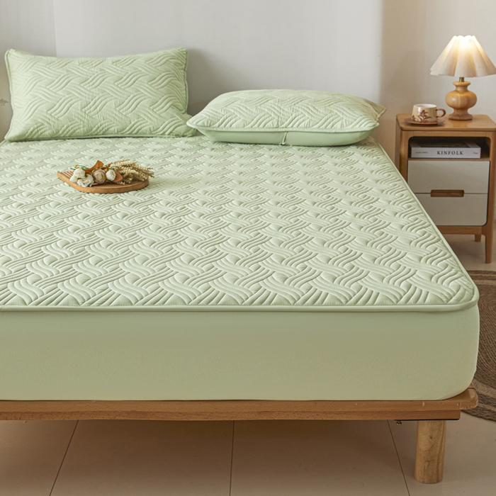 91家纺网 家纺一手货源 找家纺 九亭家纺 2025新款A类防水夹棉床笠 防水款-水波纹-芥末绿