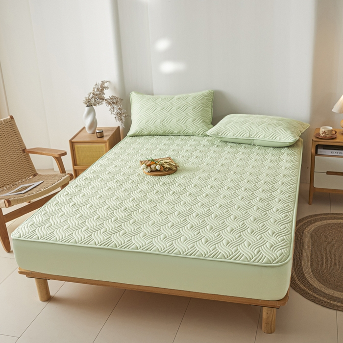 91家纺网 家纺一手货源 找家纺 九亭家纺 2025新款A类防水夹棉床笠 防水款-水波纹-芥末绿