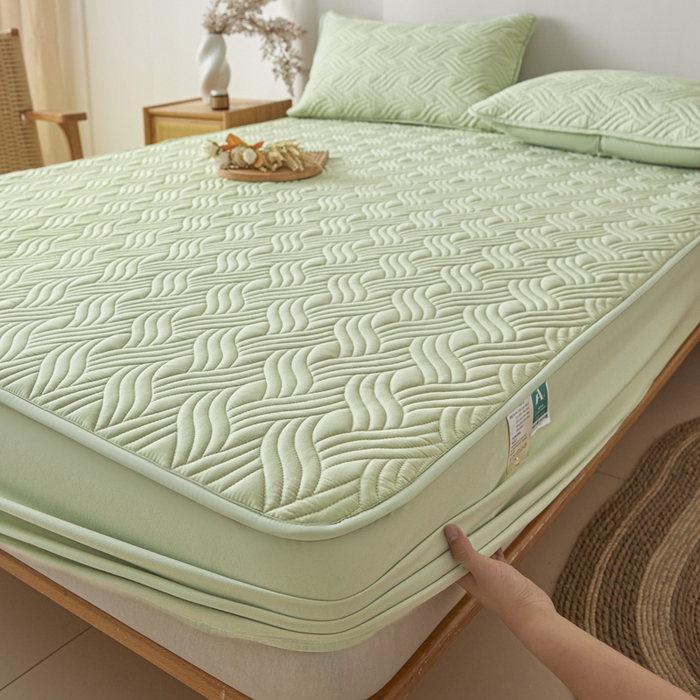 91家纺网 家纺一手货源 找家纺 九亭家纺 2025新款A类防水夹棉床笠 防水款-水波纹-芥末绿