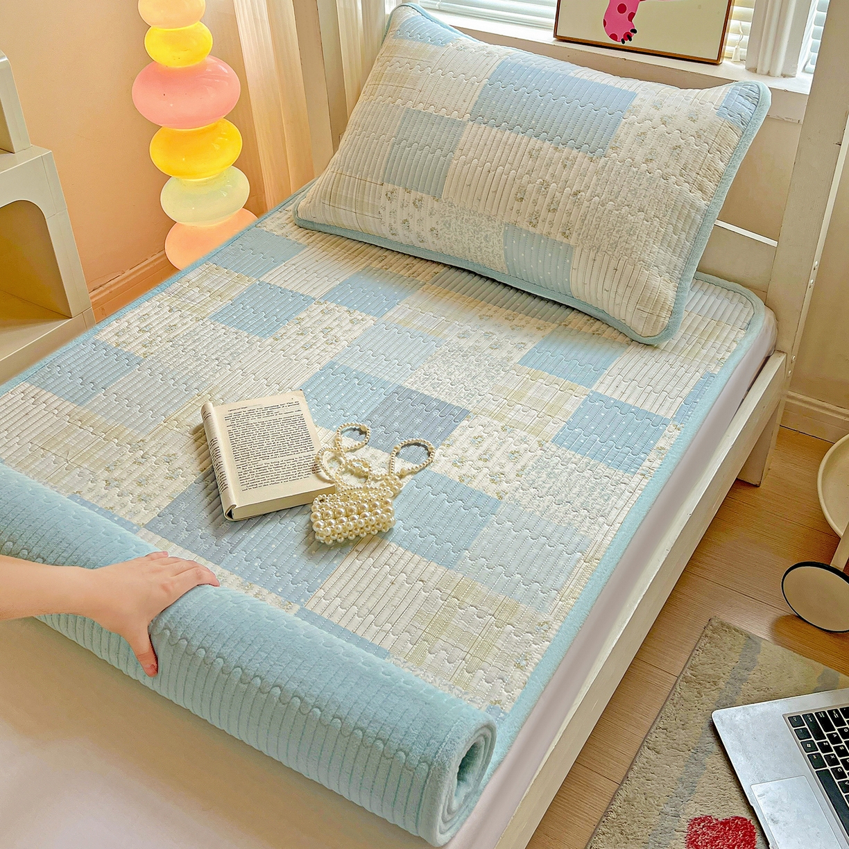 恒尚居 2025新款纯棉牛奶绒学生床垫 双面两用夹棉床单床垫-秋冬款 四季通用-系列二 【芳菲-蓝】-A纯棉-B牛奶绒