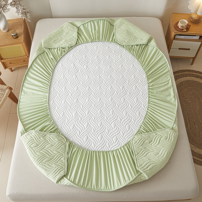 91家纺网 家纺一手货源 找家纺 九亭家纺 2025新款A类防水夹棉床笠 防水款-水波纹-芥末绿