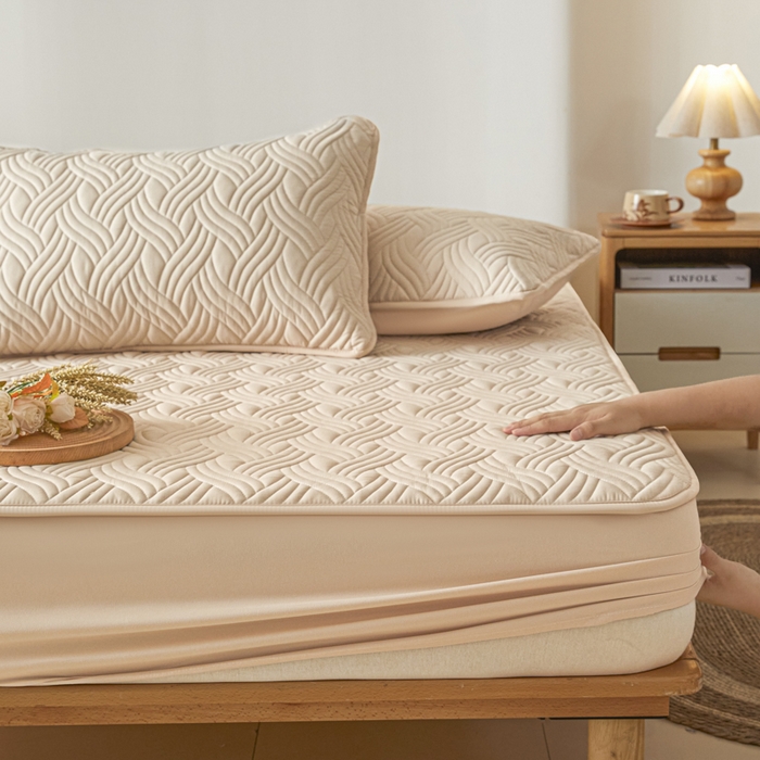 91家纺网 家纺一手货源 找家纺 九亭家纺 2025新款A类防水夹棉床笠 防水款-水波纹-奶咖