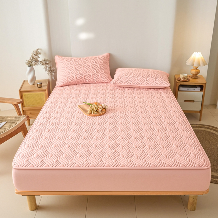 91家纺网 家纺一手货源 找家纺 九亭家纺 2025新款A类防水夹棉床笠 水波纹-豆沙