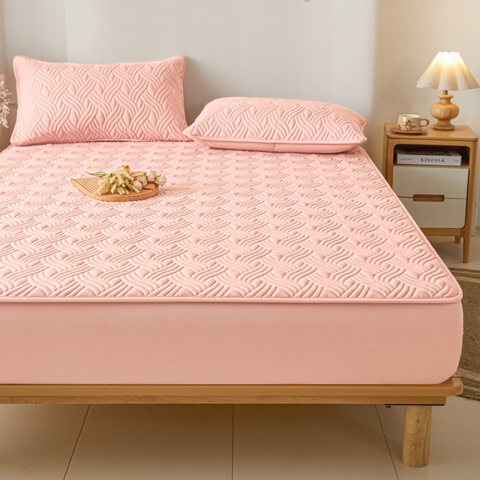 91家纺网 家纺一手货源 找家纺 九亭家纺 2025新款A类防水夹棉床笠 水波纹-豆沙