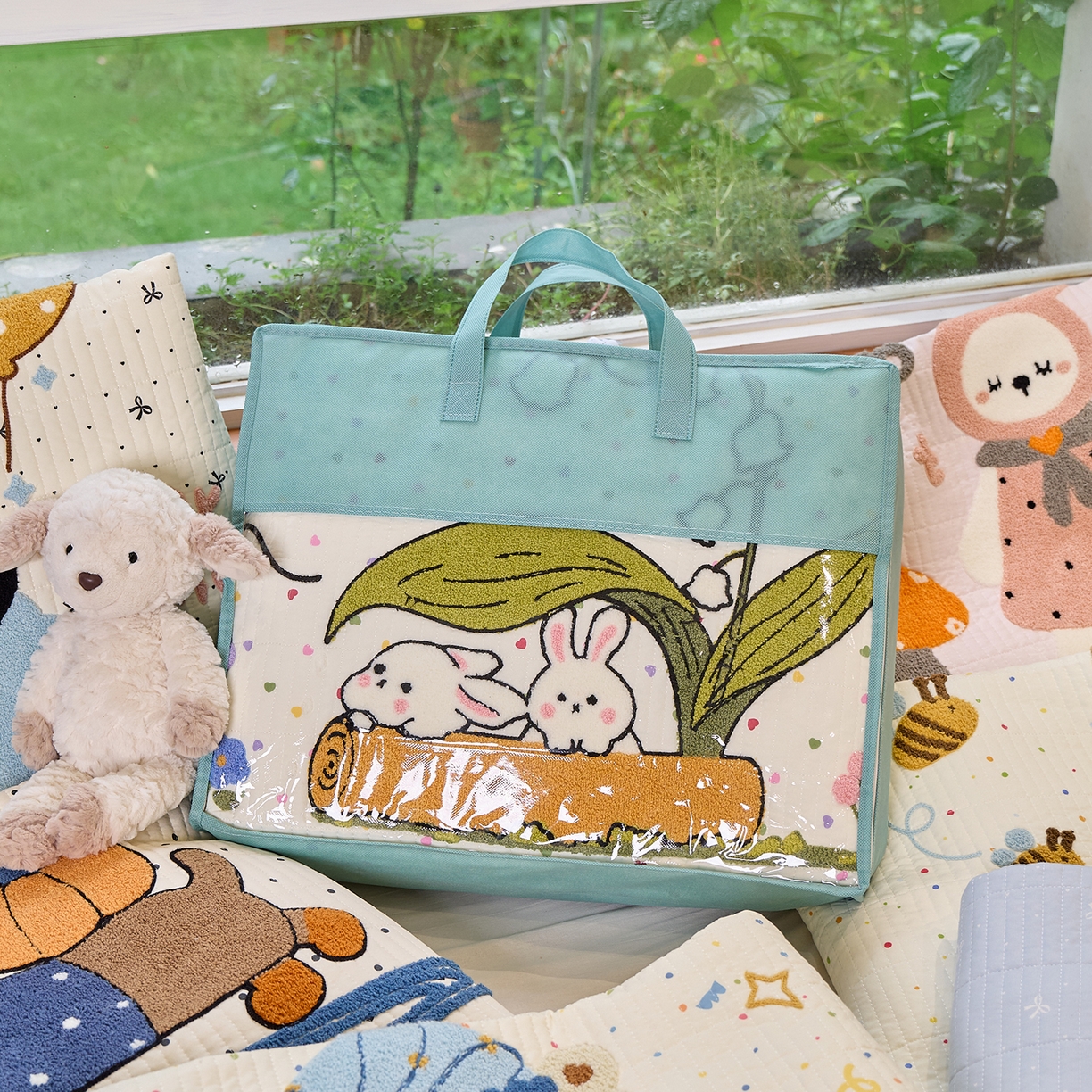 91家纺网 家纺一手货源 找家纺 鑫喜莱家纺 2025新款云朵棉毛巾绣床盖三件套 包装展示+组合图