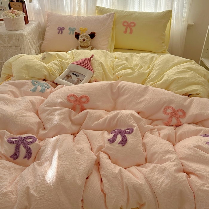 （总）顾里家纺 2025新款韩系蝴蝶结云朵棉毛巾绣套件四件套-少女梦想