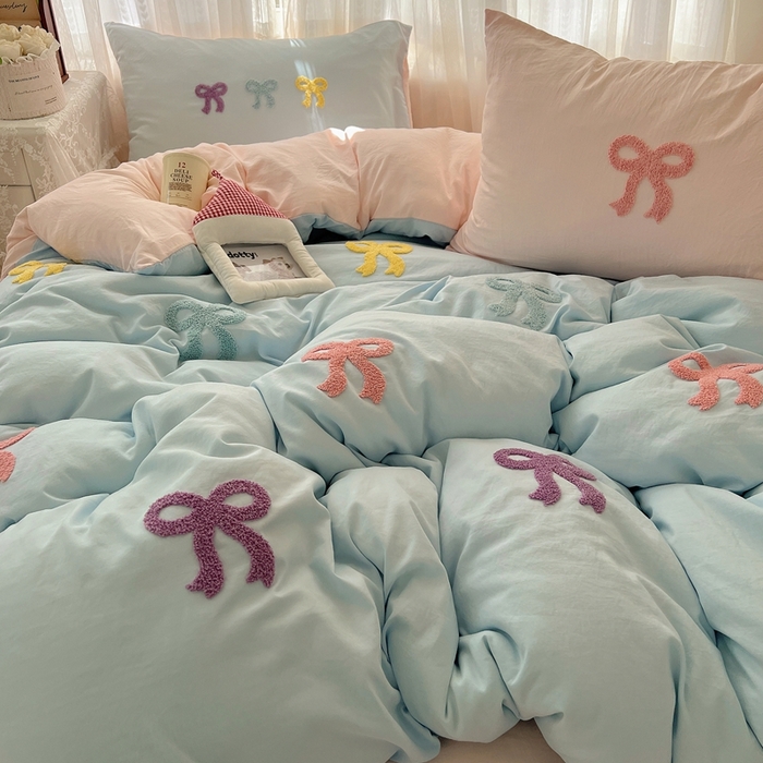 顾里家纺 2025新款韩系蝴蝶结云朵棉毛巾绣套件四件套-少女梦想 少女梦想（蓝）