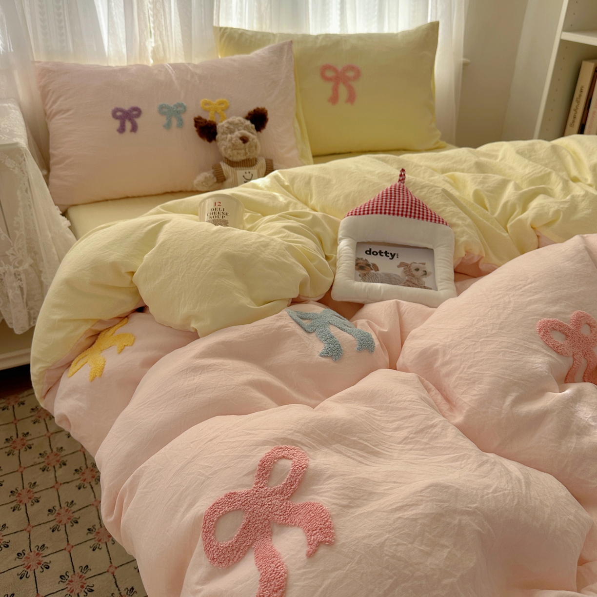 91家纺网 家纺一手货源 找家纺 （总）顾里家纺 2025新款韩系蝴蝶结云朵棉毛巾绣套件四件套-少女梦想