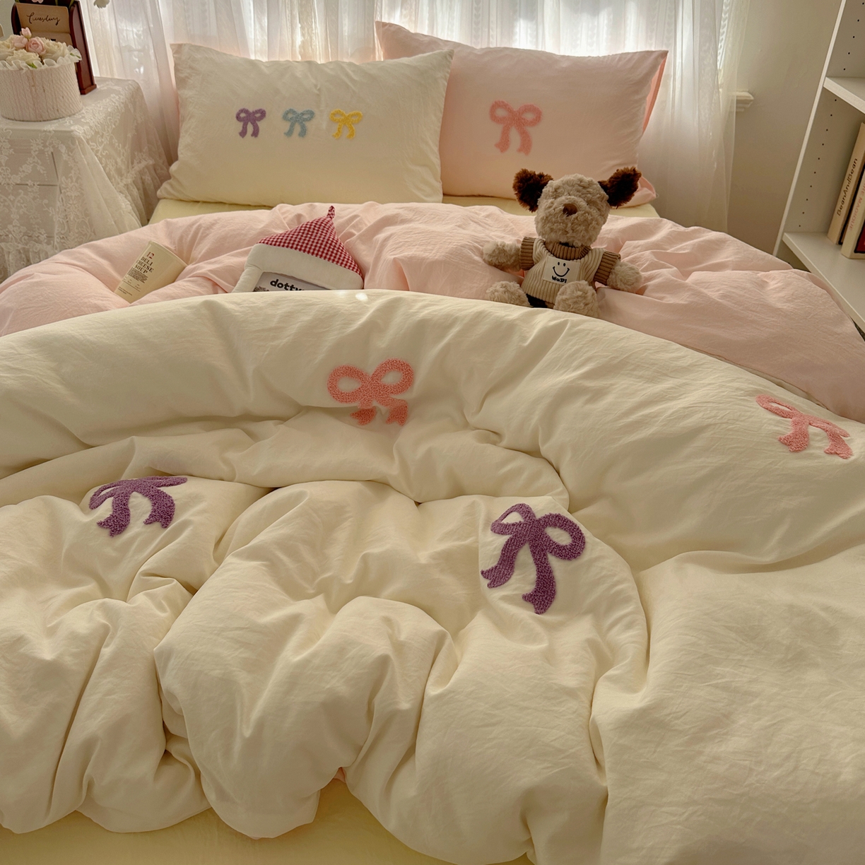 91家纺网 家纺一手货源 找家纺 顾里家纺 2025新款韩系蝴蝶结云朵棉毛巾绣套件四件套-少女梦想 少女梦想（米）