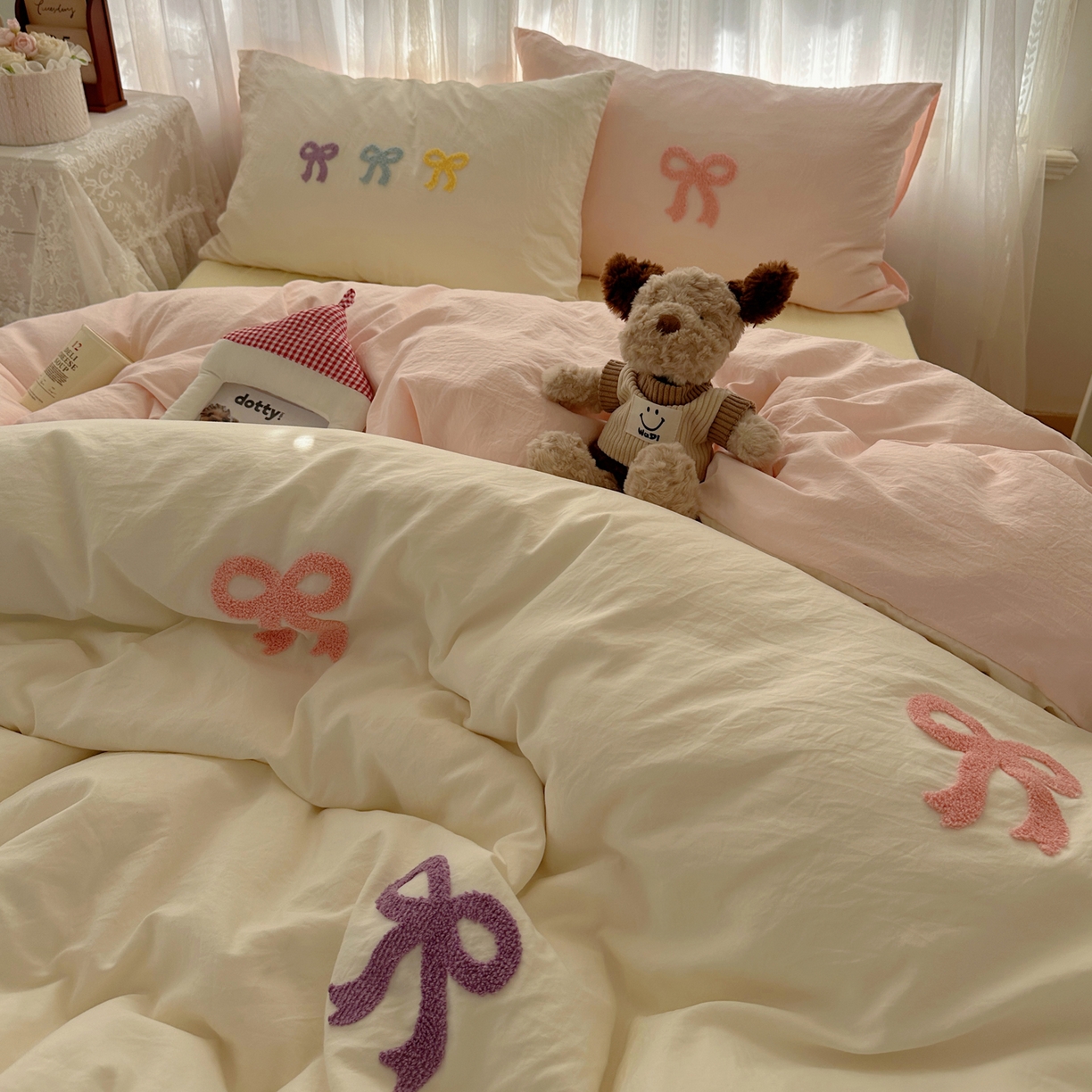 91家纺网 家纺一手货源 找家纺 顾里家纺 2025新款韩系蝴蝶结云朵棉毛巾绣套件四件套-少女梦想 少女梦想（米）