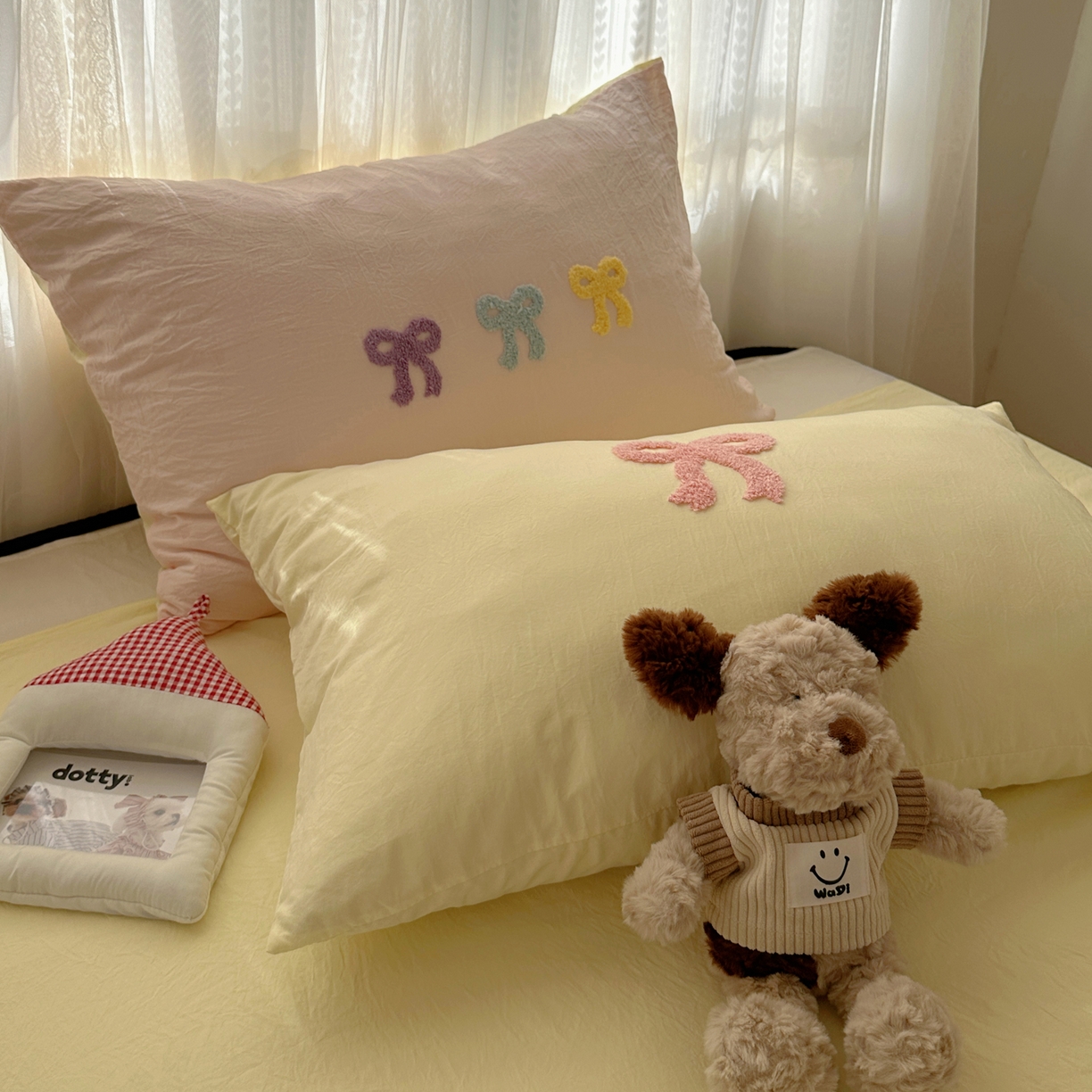 91家纺网 家纺一手货源 找家纺 （总）顾里家纺 2025新款韩系蝴蝶结云朵棉毛巾绣套件四件套-少女梦想