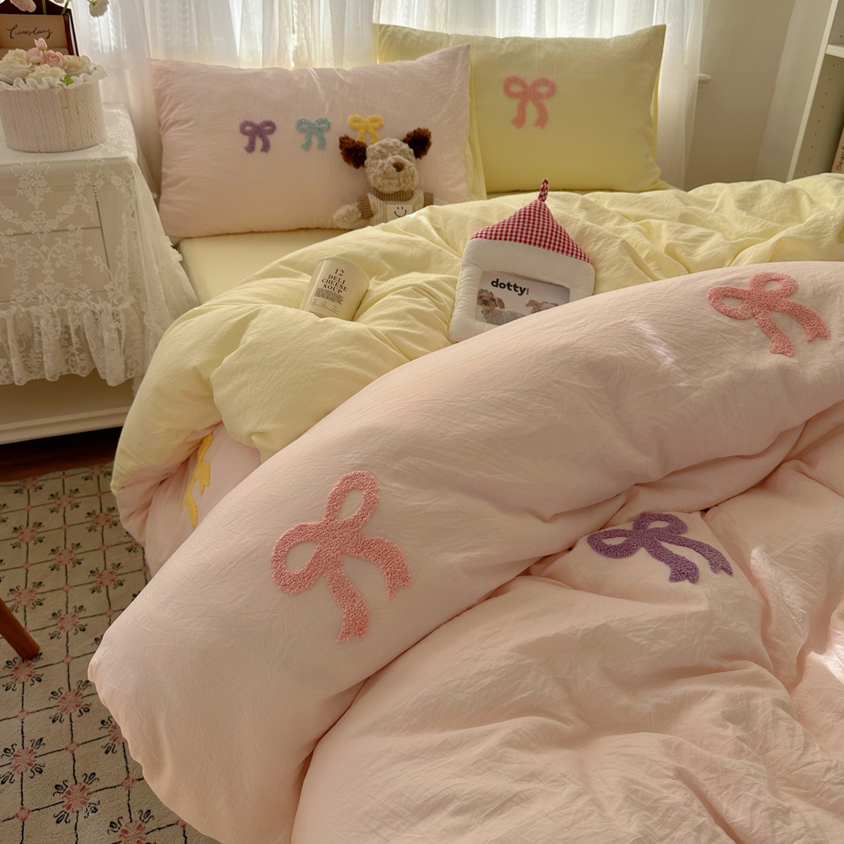 91家纺网 家纺一手货源 找家纺 （总）顾里家纺 2025新款韩系蝴蝶结云朵棉毛巾绣套件四件套-少女梦想