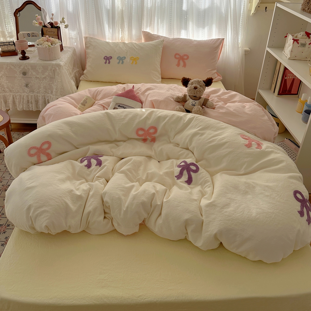 91家纺网 家纺一手货源 找家纺 顾里家纺 2025新款韩系蝴蝶结云朵棉毛巾绣套件四件套-少女梦想 少女梦想（米）