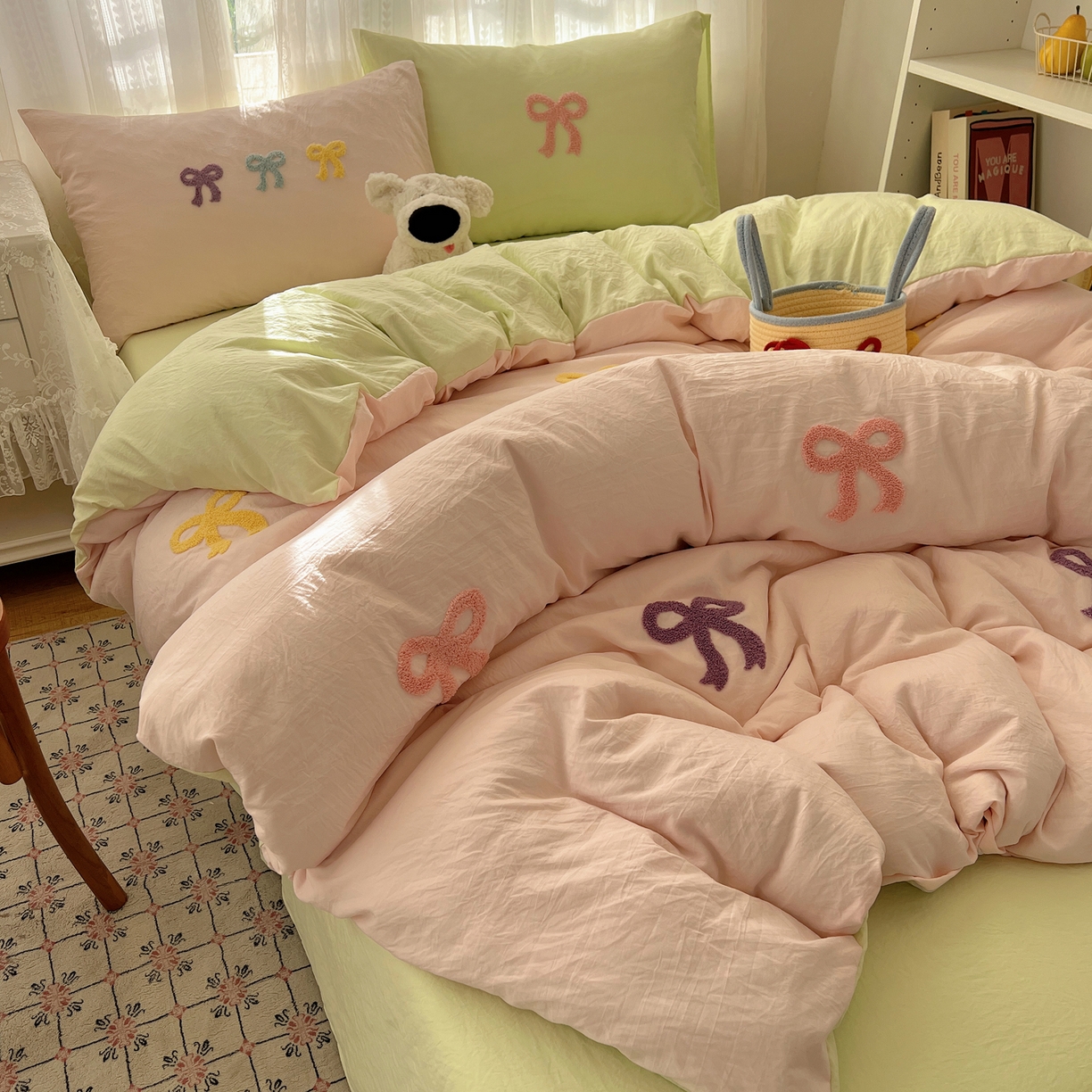 91家纺网 家纺一手货源 找家纺 顾里家纺 2025新款韩系蝴蝶结云朵棉毛巾绣套件四件套-少女梦想 少女梦想（粉绿）