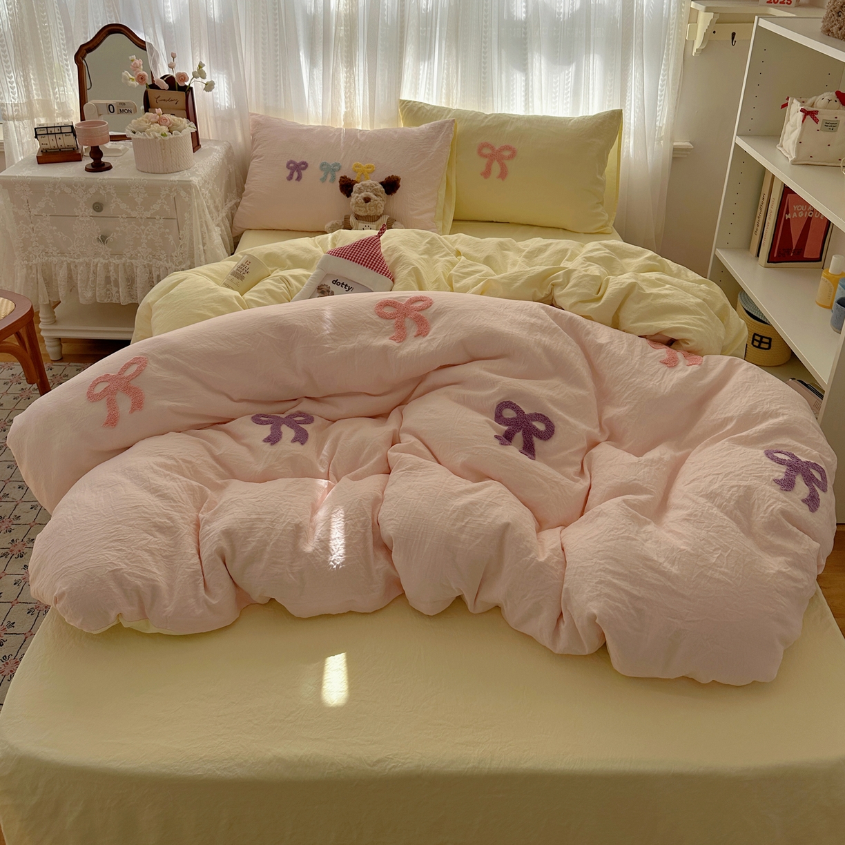 91家纺网 家纺一手货源 找家纺 （总）顾里家纺 2025新款韩系蝴蝶结云朵棉毛巾绣套件四件套-少女梦想