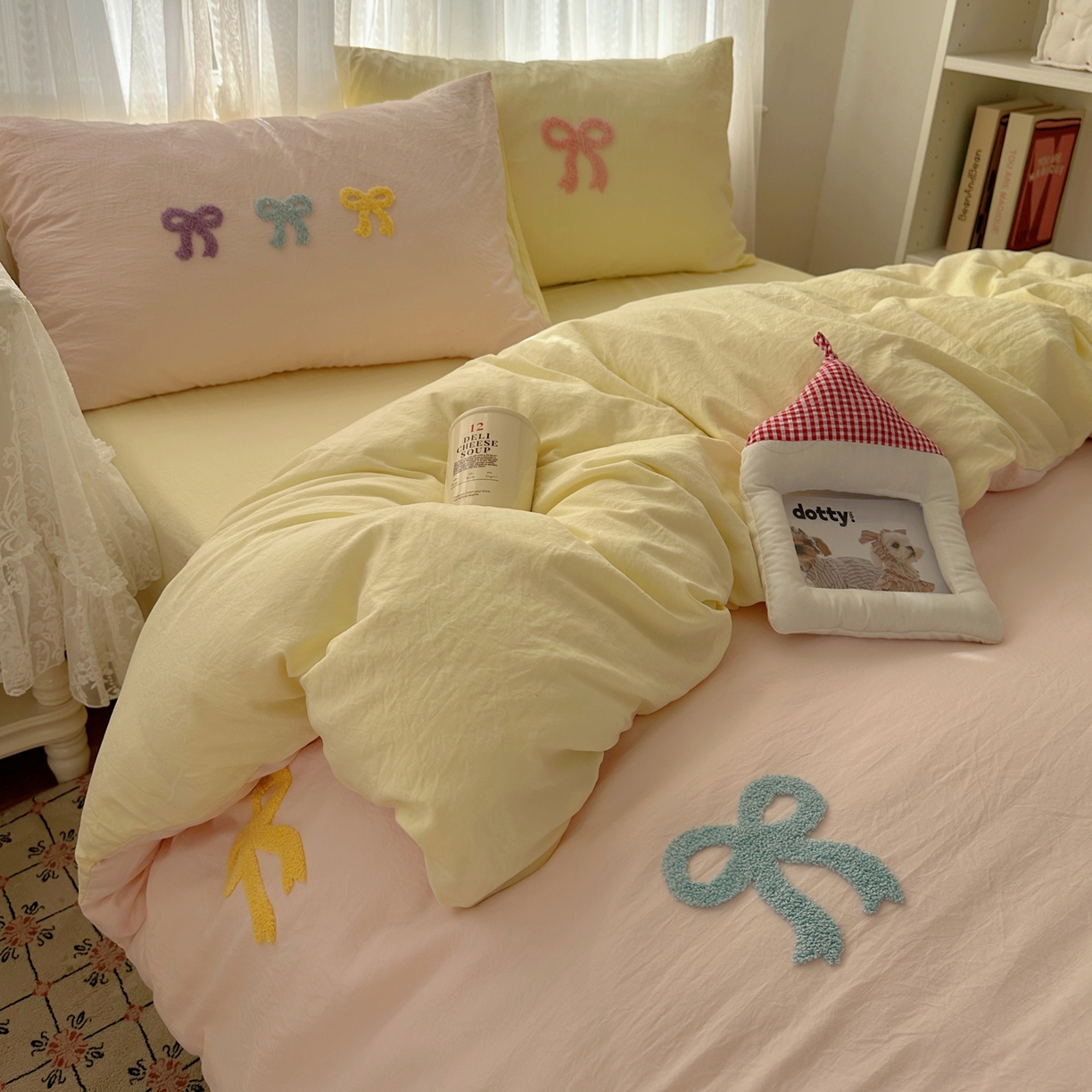 91家纺网 家纺一手货源 找家纺 （总）顾里家纺 2025新款韩系蝴蝶结云朵棉毛巾绣套件四件套-少女梦想