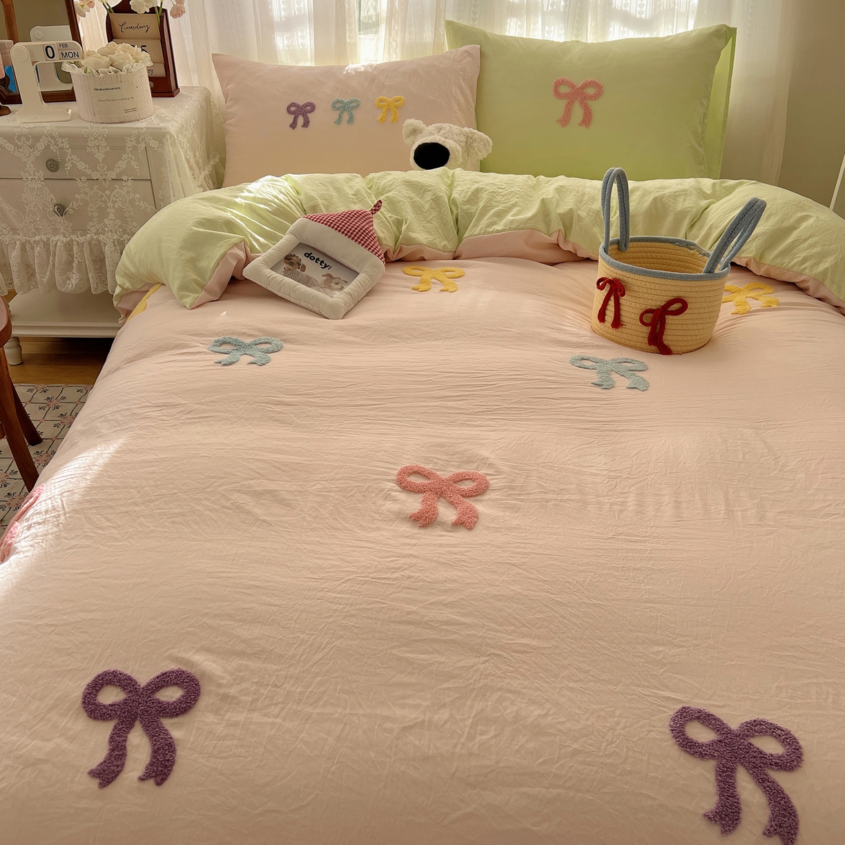 91家纺网 家纺一手货源 找家纺 顾里家纺 2025新款韩系蝴蝶结云朵棉毛巾绣套件四件套-少女梦想 少女梦想（粉绿）