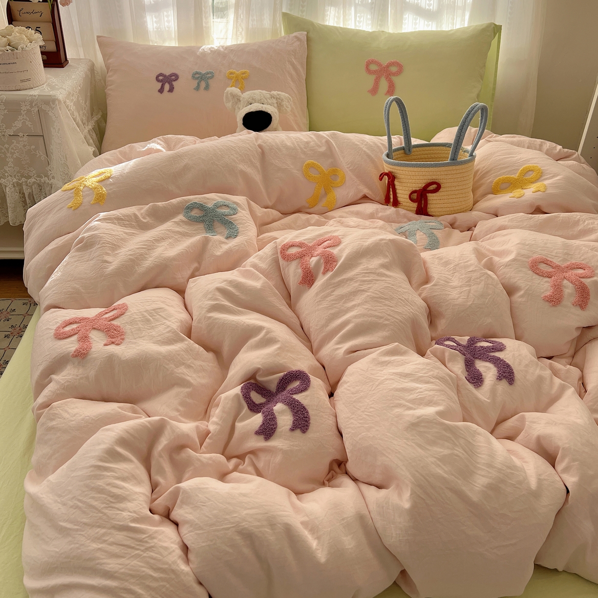 91家纺网 家纺一手货源 找家纺 顾里家纺 2025新款韩系蝴蝶结云朵棉毛巾绣套件四件套-少女梦想 少女梦想（粉绿）