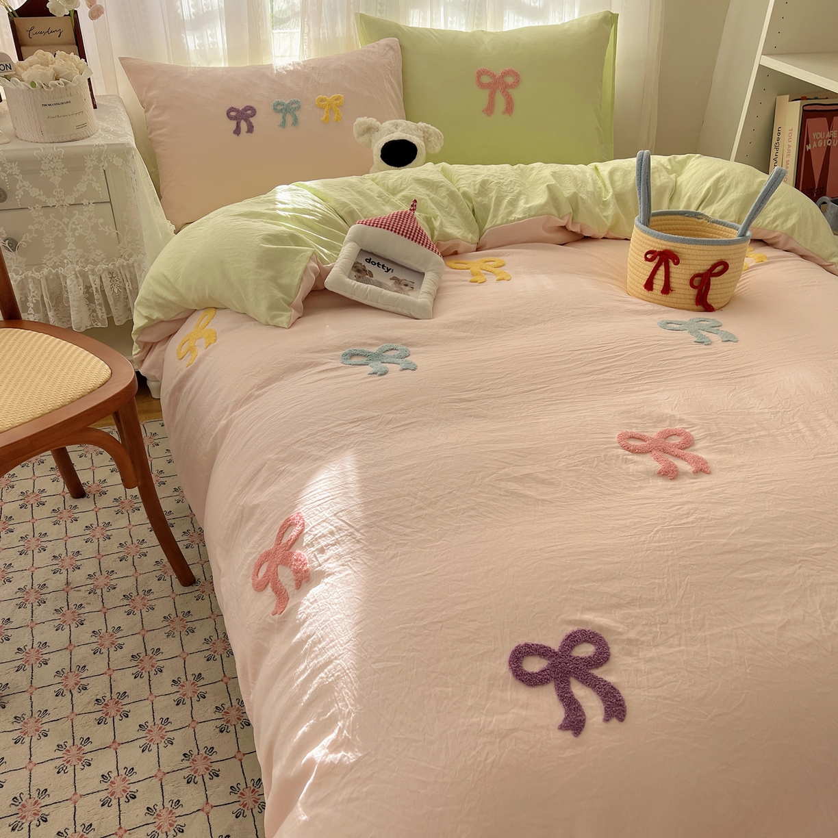 91家纺网 家纺一手货源 找家纺 顾里家纺 2025新款韩系蝴蝶结云朵棉毛巾绣套件四件套-少女梦想 少女梦想（粉绿）