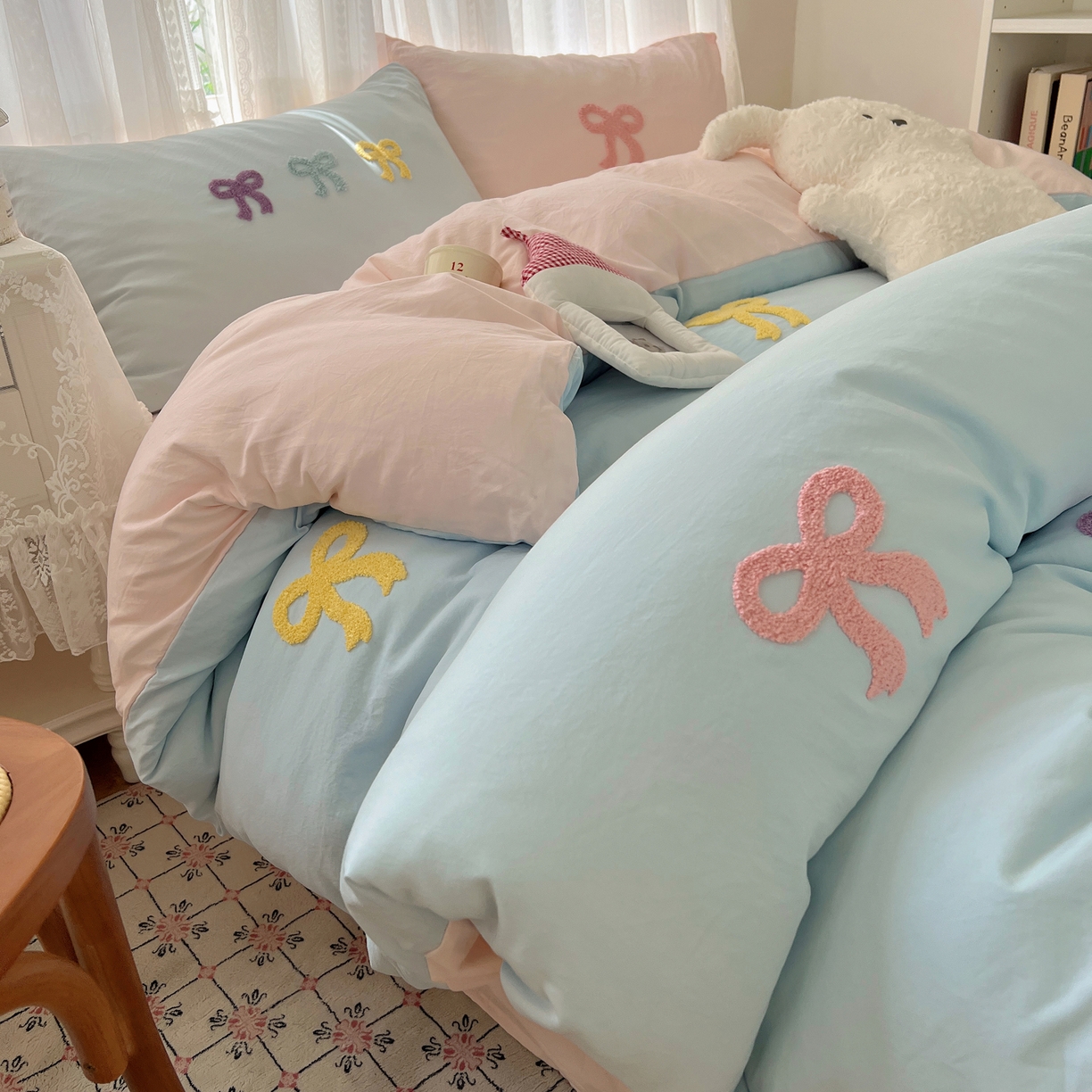 91家纺网 家纺一手货源 找家纺 顾里家纺 2025新款韩系蝴蝶结云朵棉毛巾绣套件四件套-少女梦想 少女梦想（蓝）