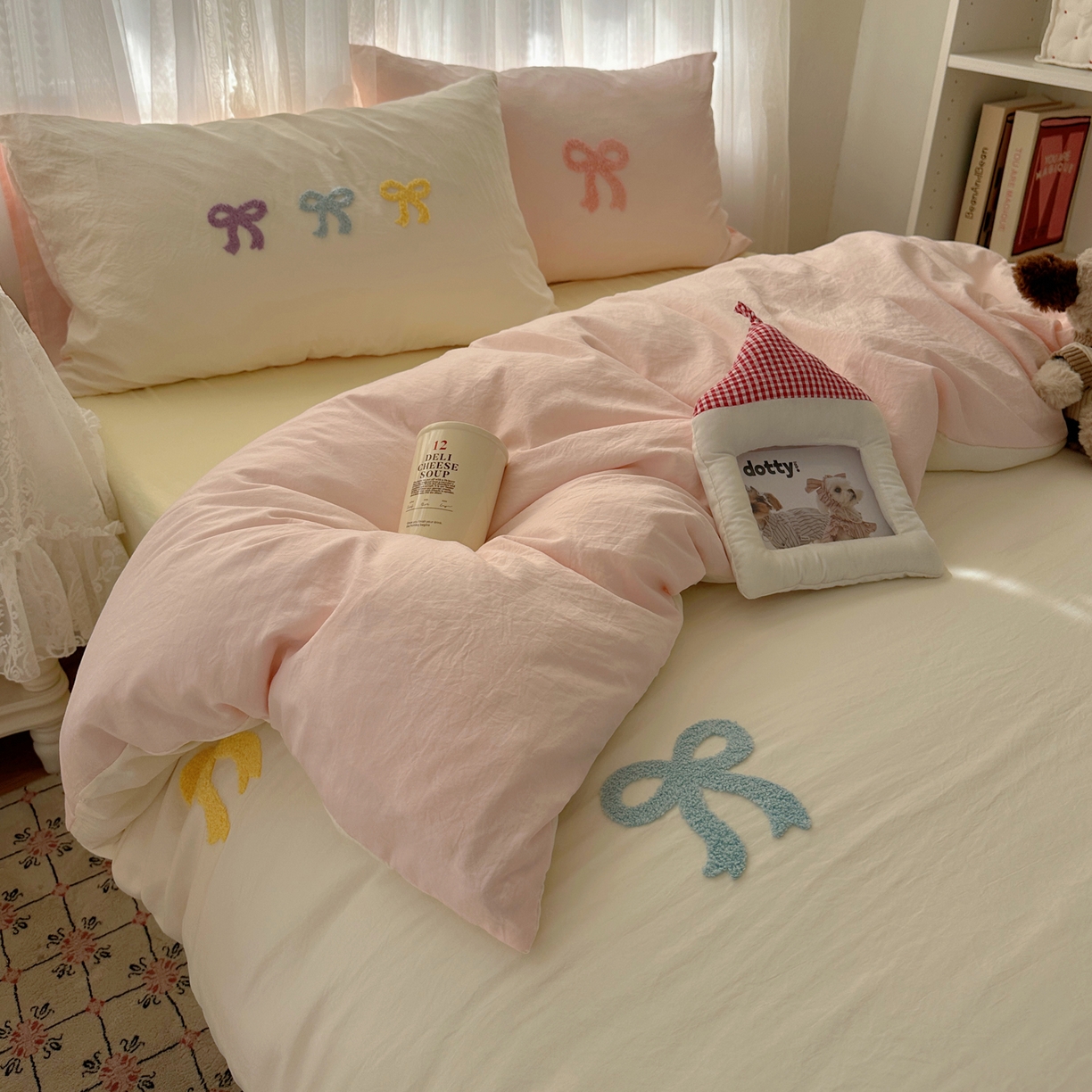 91家纺网 家纺一手货源 找家纺 顾里家纺 2025新款韩系蝴蝶结云朵棉毛巾绣套件四件套-少女梦想 少女梦想（米）