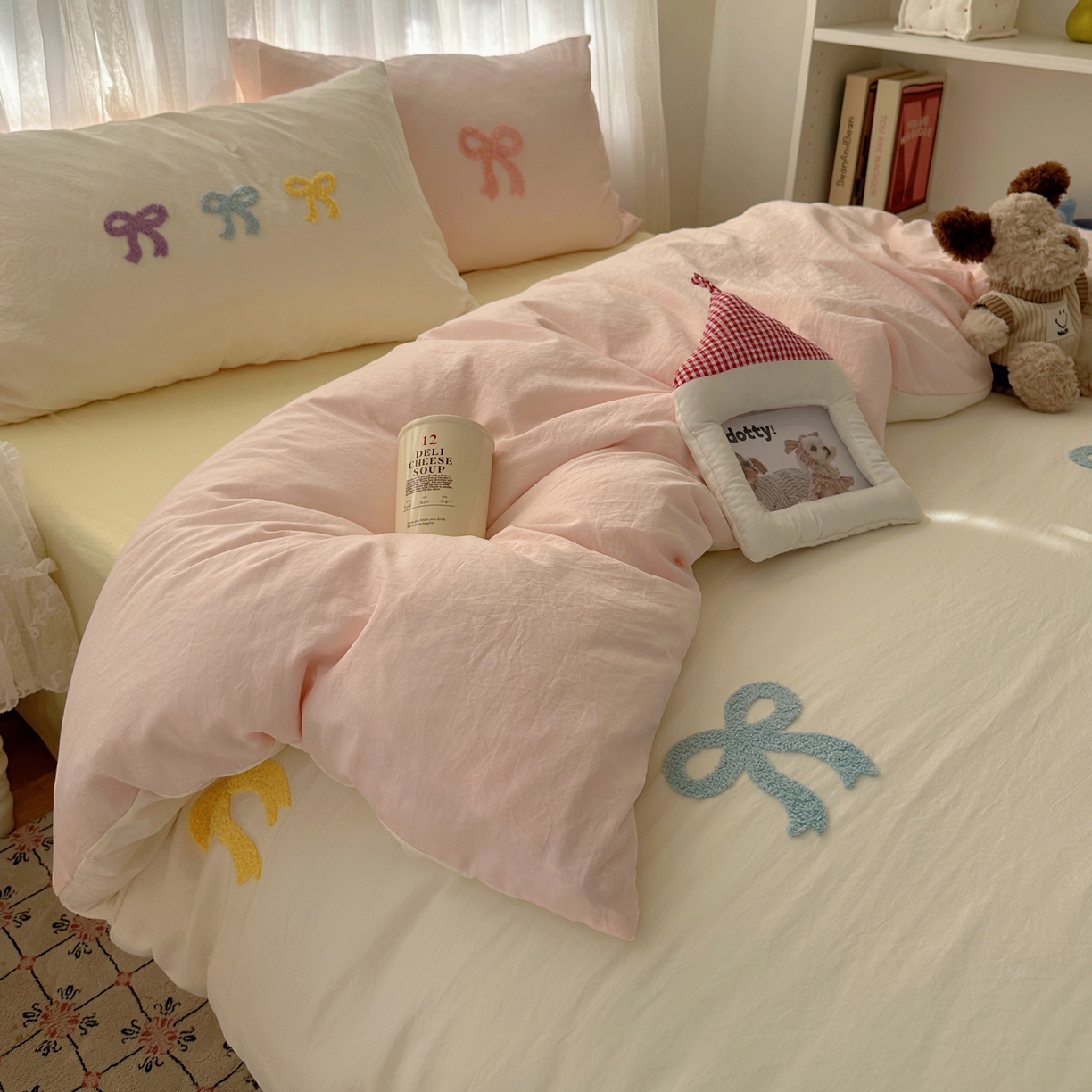 91家纺网 家纺一手货源 找家纺 顾里家纺 2025新款韩系蝴蝶结云朵棉毛巾绣套件四件套-少女梦想 少女梦想（米）