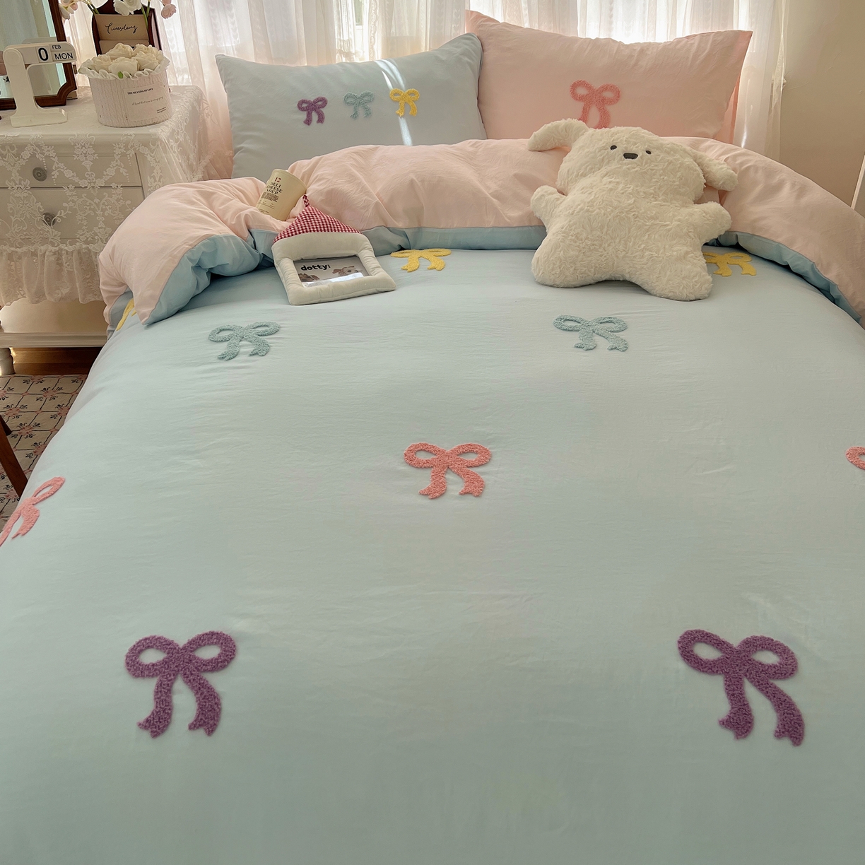 91家纺网 家纺一手货源 找家纺 顾里家纺 2025新款韩系蝴蝶结云朵棉毛巾绣套件四件套-少女梦想 少女梦想（蓝）