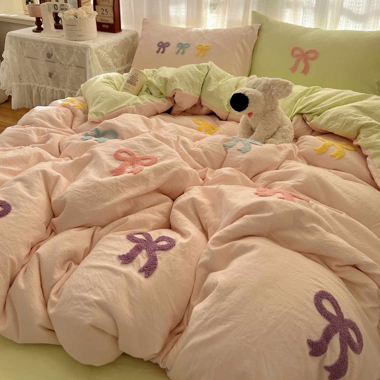 91家纺网 家纺一手货源 找家纺 顾里家纺 2025新款韩系蝴蝶结云朵棉毛巾绣套件四件套-少女梦想 少女梦想（粉绿）