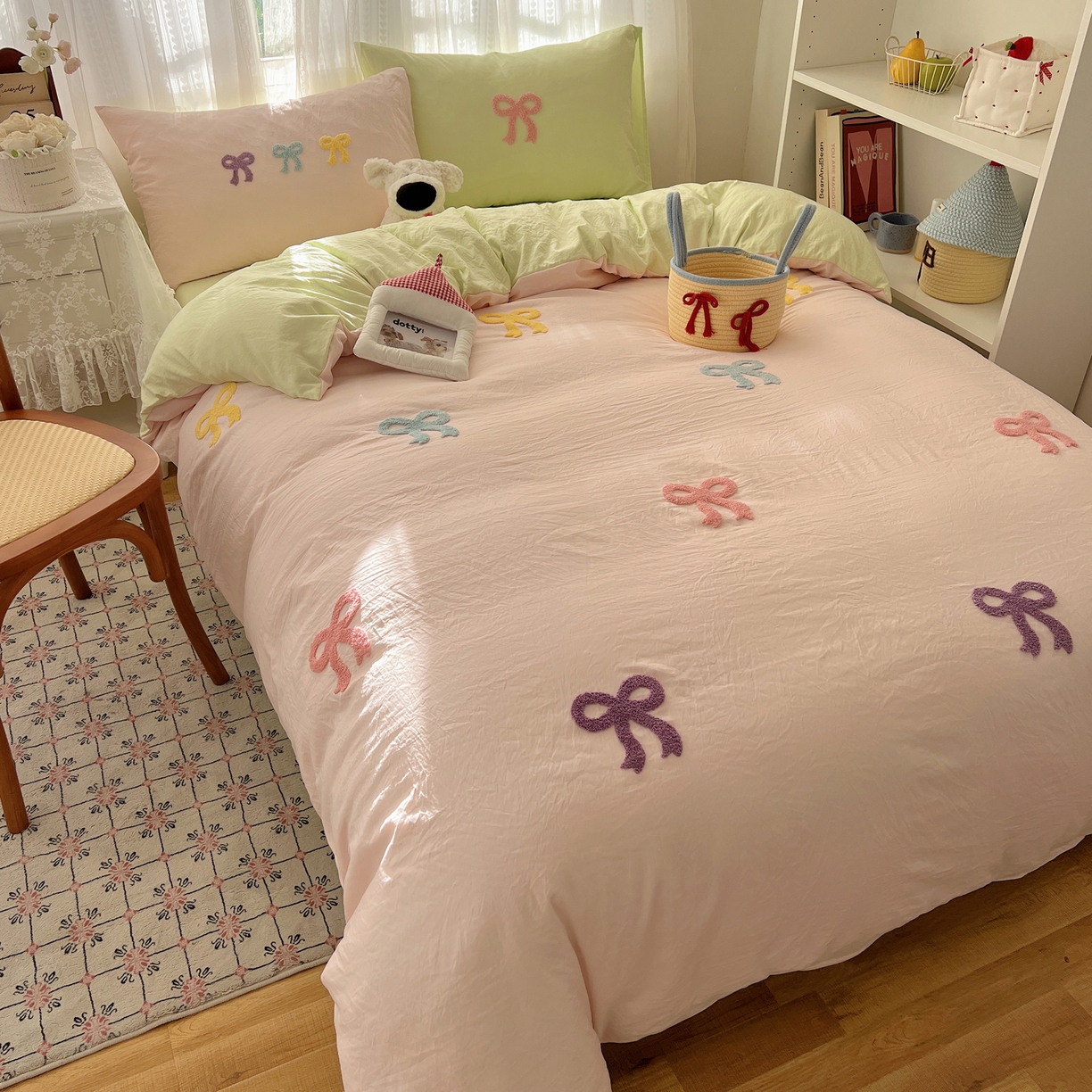 91家纺网 家纺一手货源 找家纺 顾里家纺 2025新款韩系蝴蝶结云朵棉毛巾绣套件四件套-少女梦想 少女梦想（粉绿）