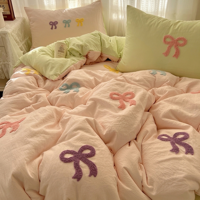 顾里家纺 2025新款韩系蝴蝶结云朵棉毛巾绣套件四件套-少女梦想 少女梦想（粉绿）